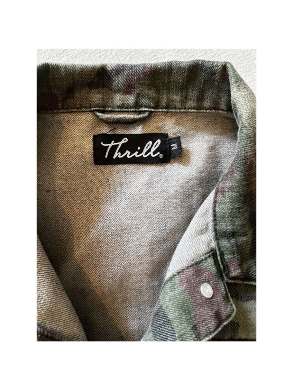 Thrill Womens Jean Jacket Green Camo Med Denim Buttons Ties Cotton Hip Length - Picture 7 of 9